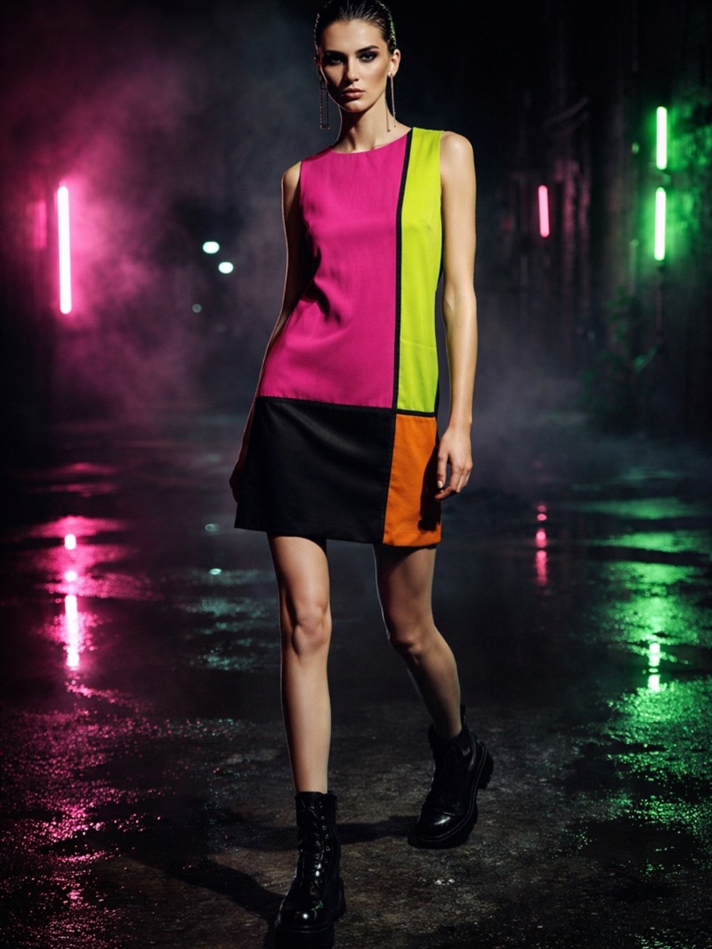 Colorblock Mini Shift Dress in Pink, Lime & Orange